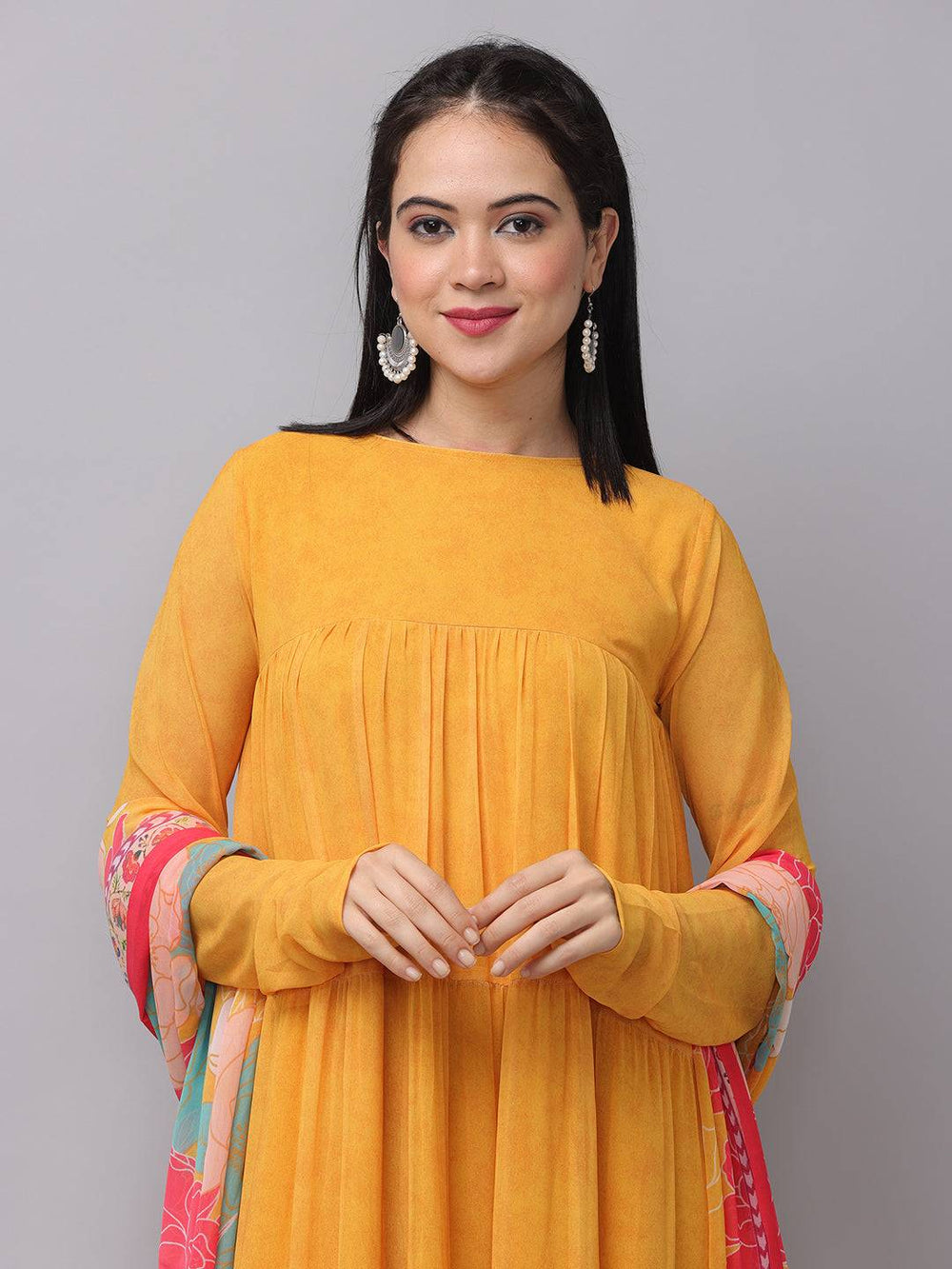 Sunlit Mustard Flared Long Dress close-up