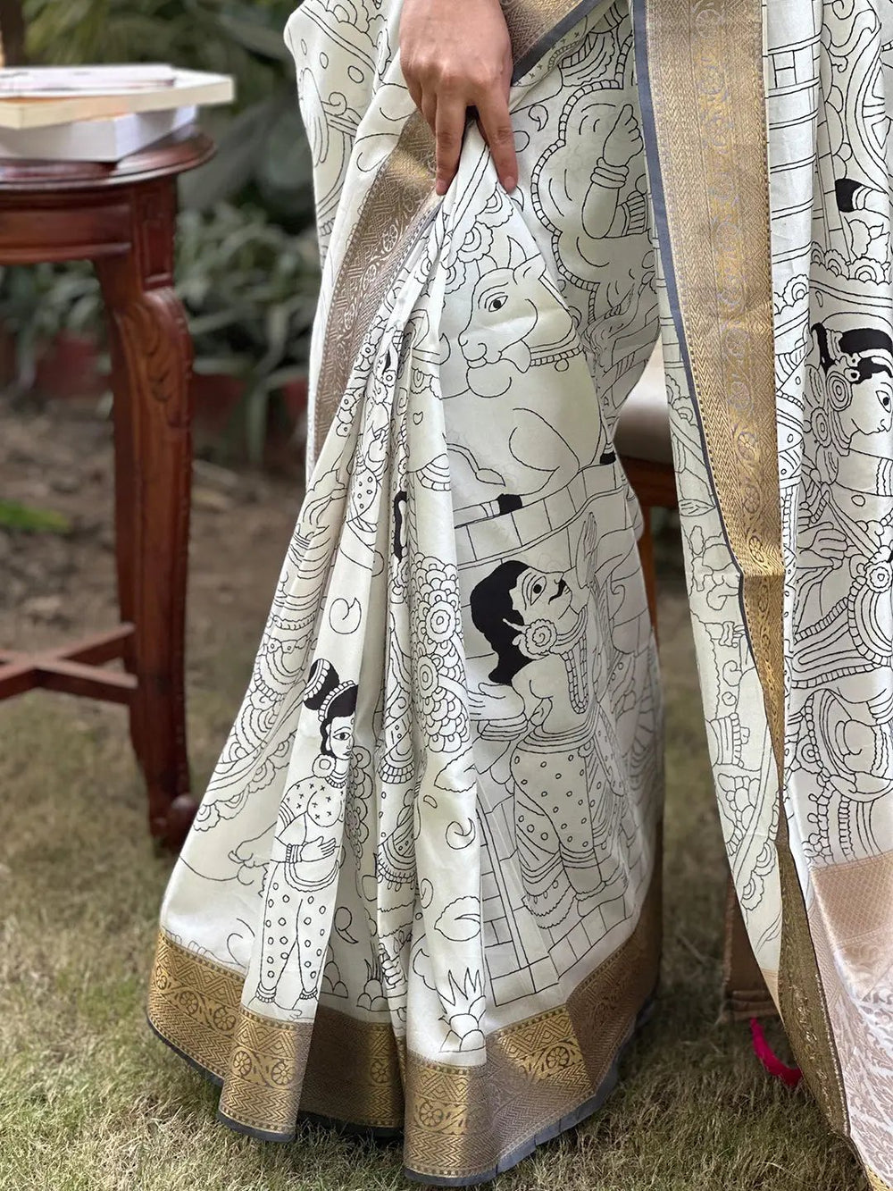 Close-up of Kalamkari saree with detailed block print