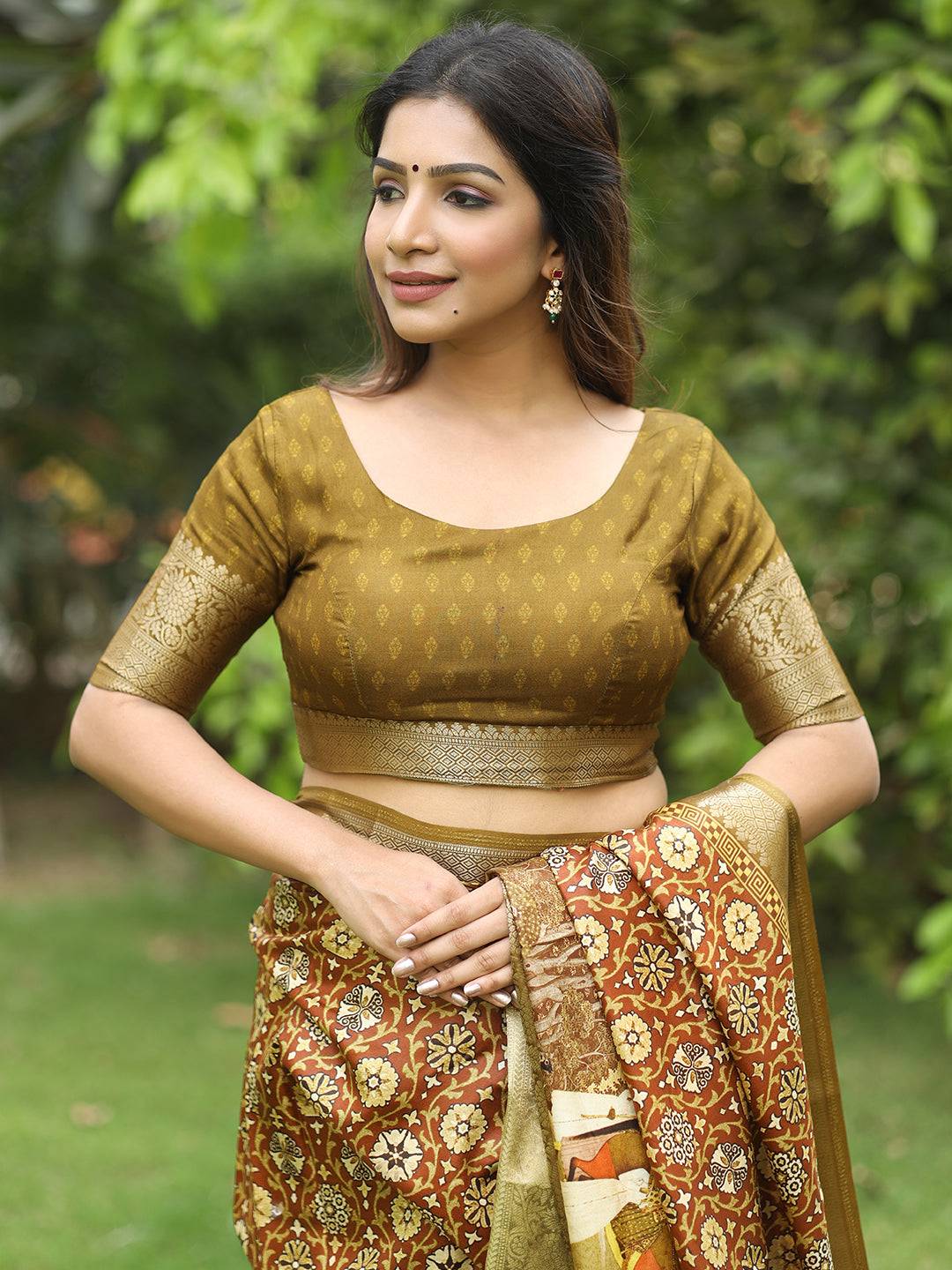 Brown Ajrak Block & Hand Kalamkari Print Pure Viscose Saree 