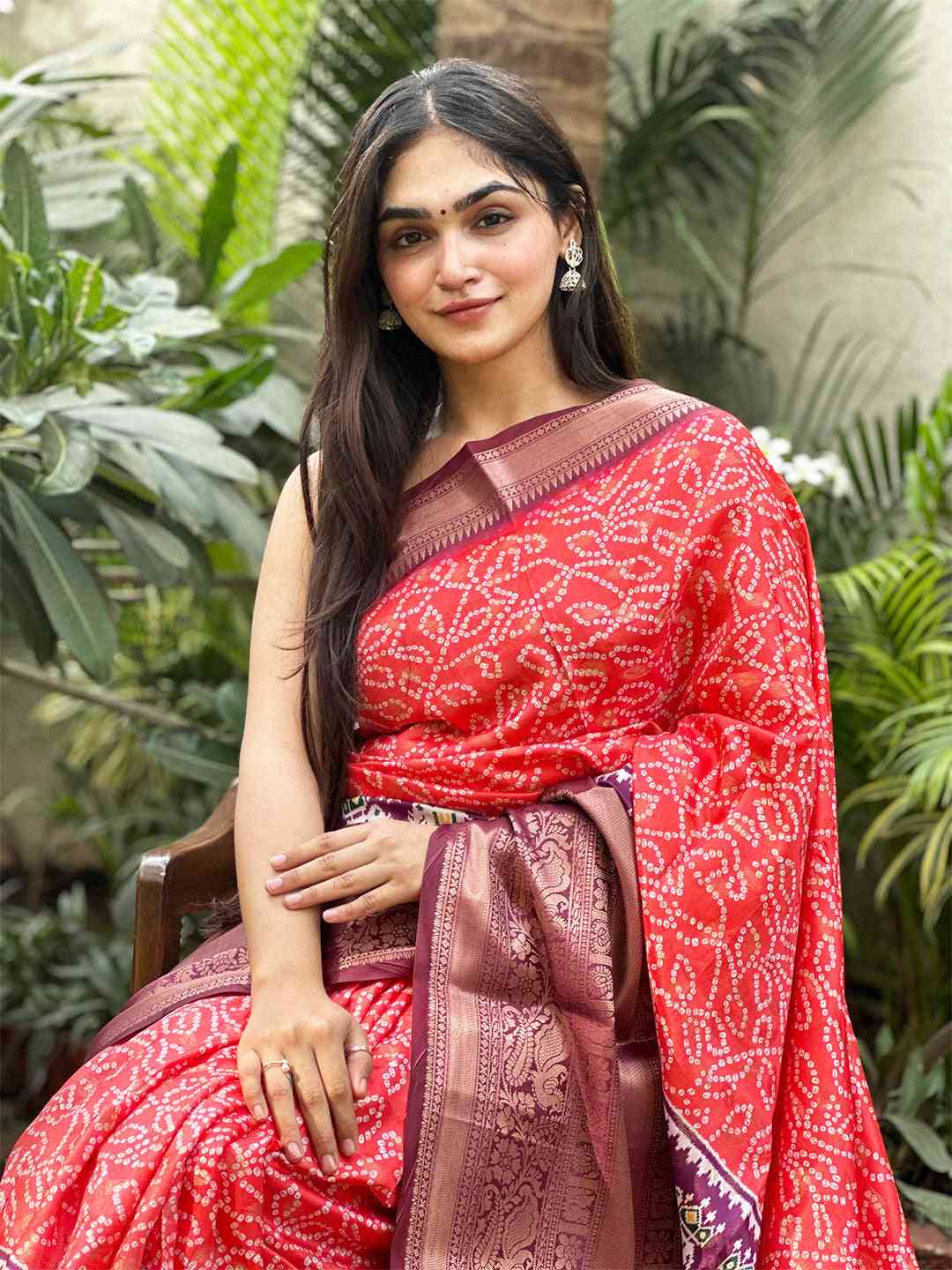 Soft Silk Bandhej Saree in Red with digital print accents