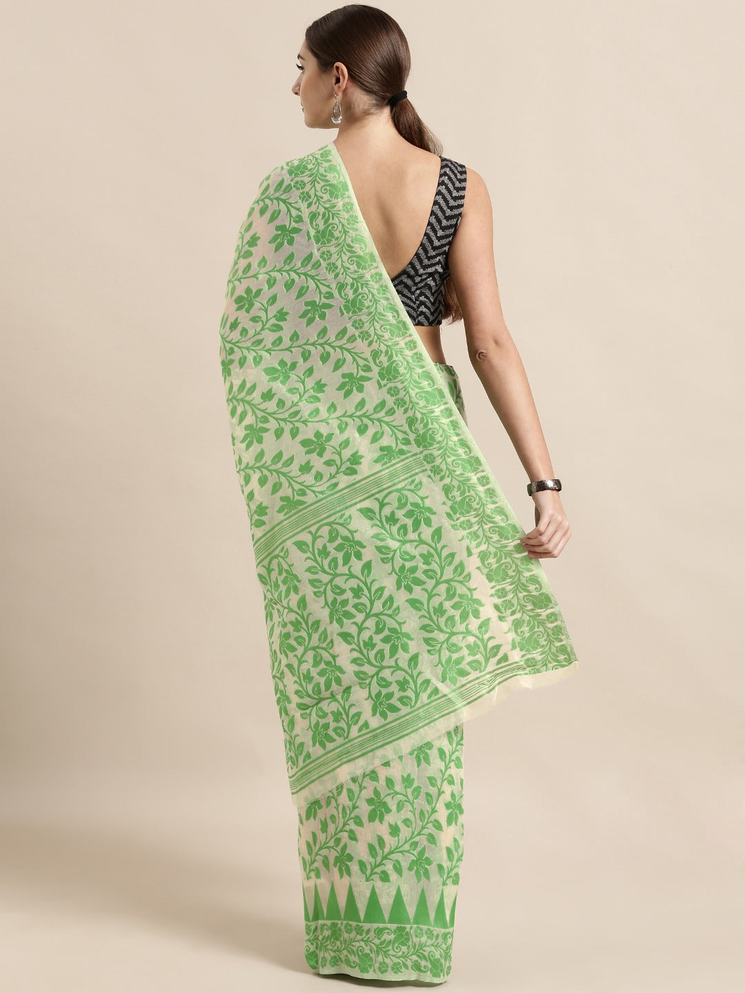 Jamdani Lime Colour Woven Design Silk Cotton Saree