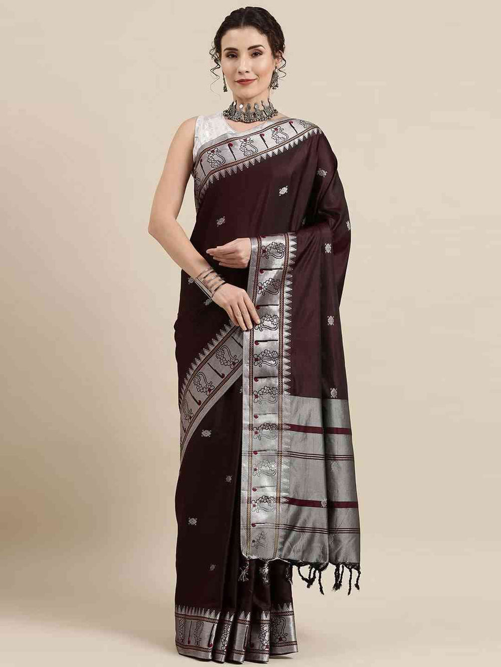 Brown Colour Zari Silk Cotton Paithani Saree Vastranand 
