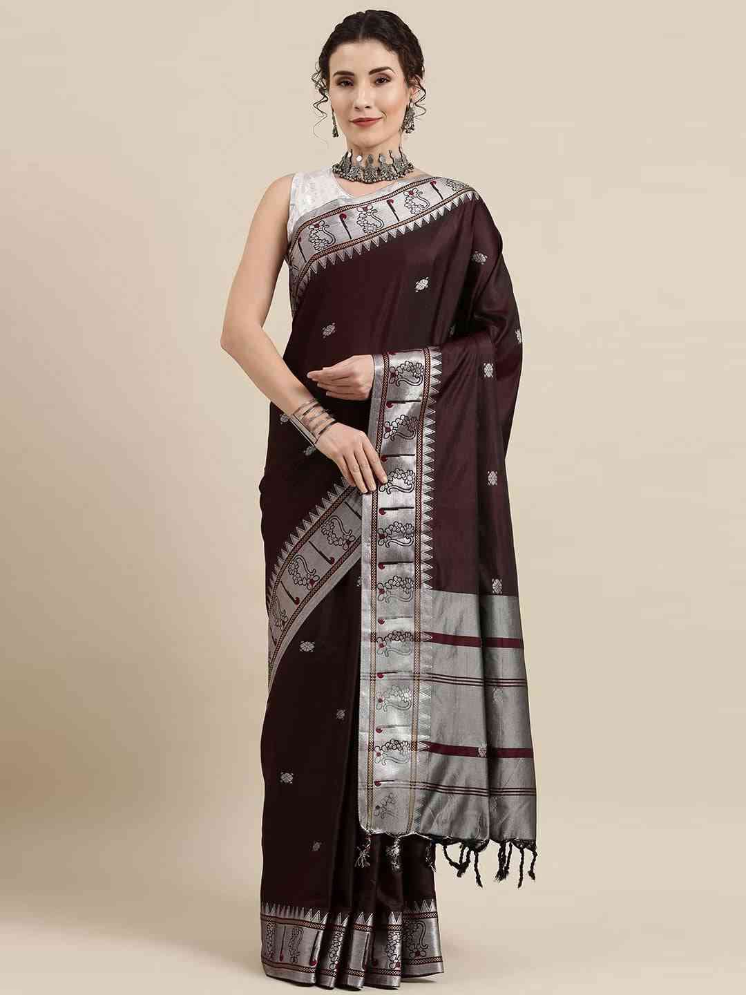 Brown Colour Zari Silk Cotton Paithani Saree