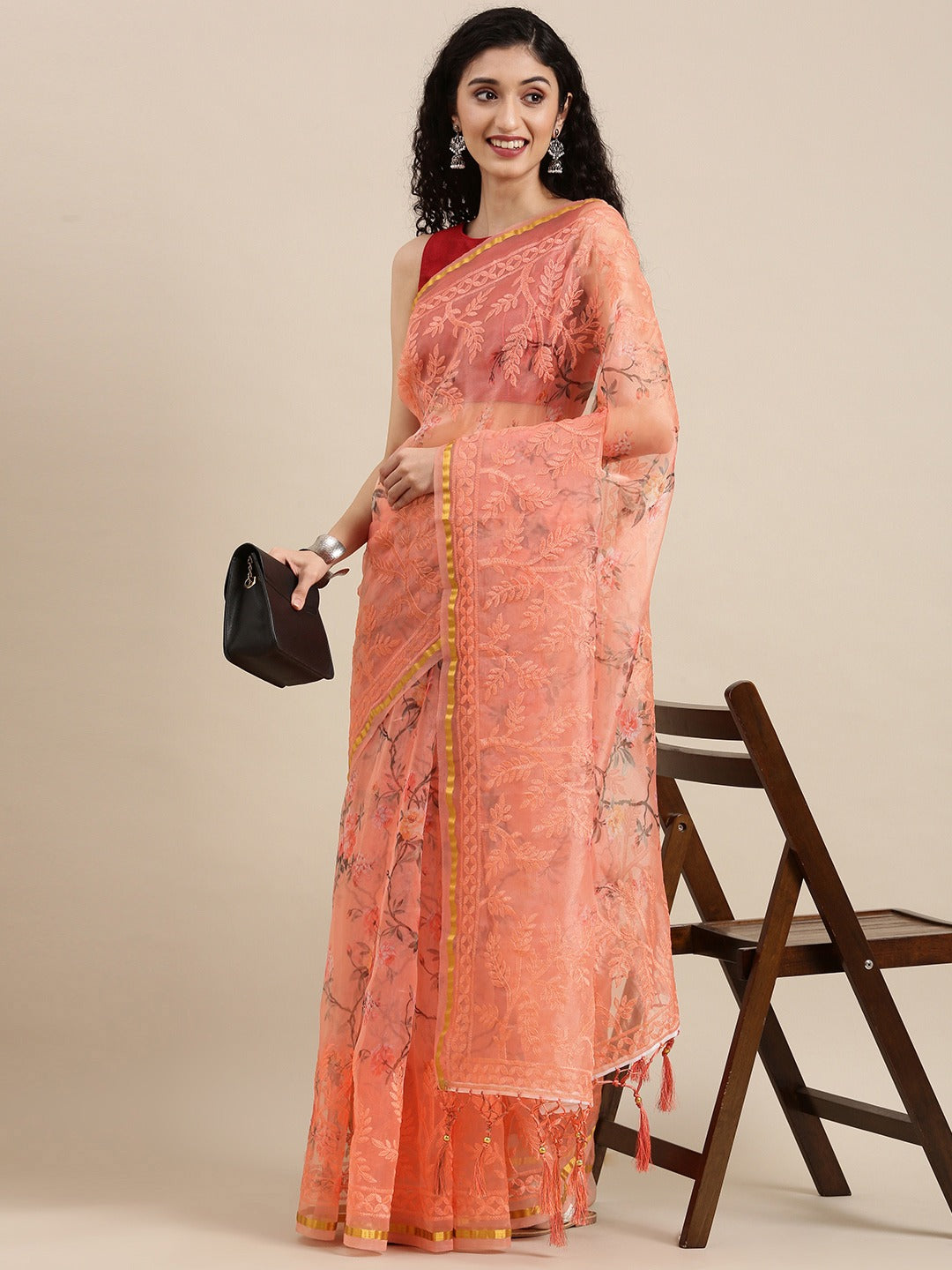 Stylish Chikankari Peach Colour Floral Embroidered Saree