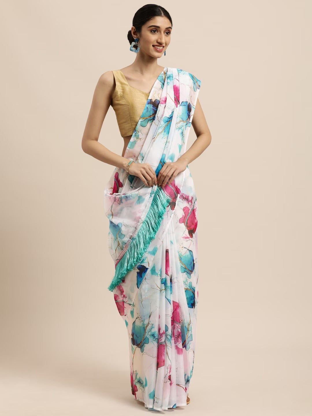  Pure Silk Abstract Printed Saree with Tassel
