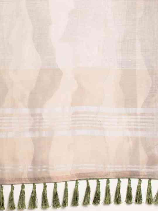 Beige linen saree pallu with green tassels