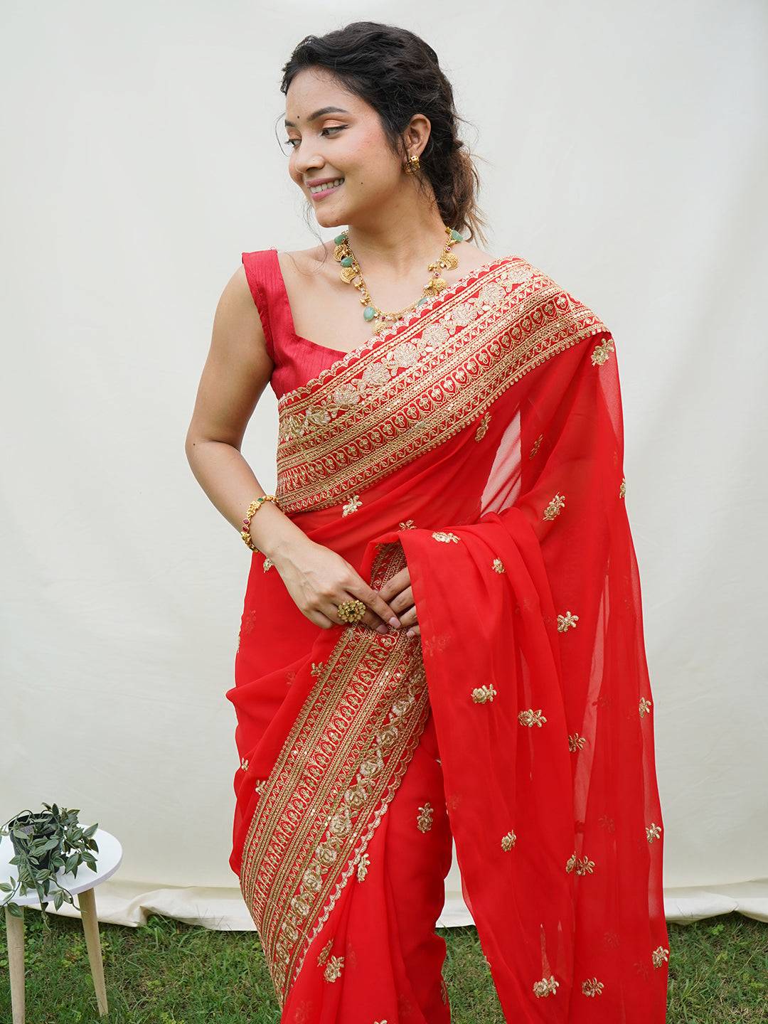 Georgette Saree with Embroidery & Luxurious Raw Silk Blouse