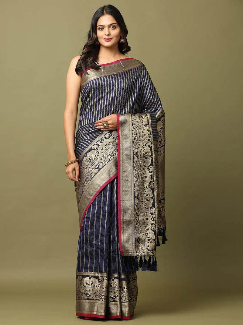 Striped Woven Design Zari Silk Blend Banarasi Saree
