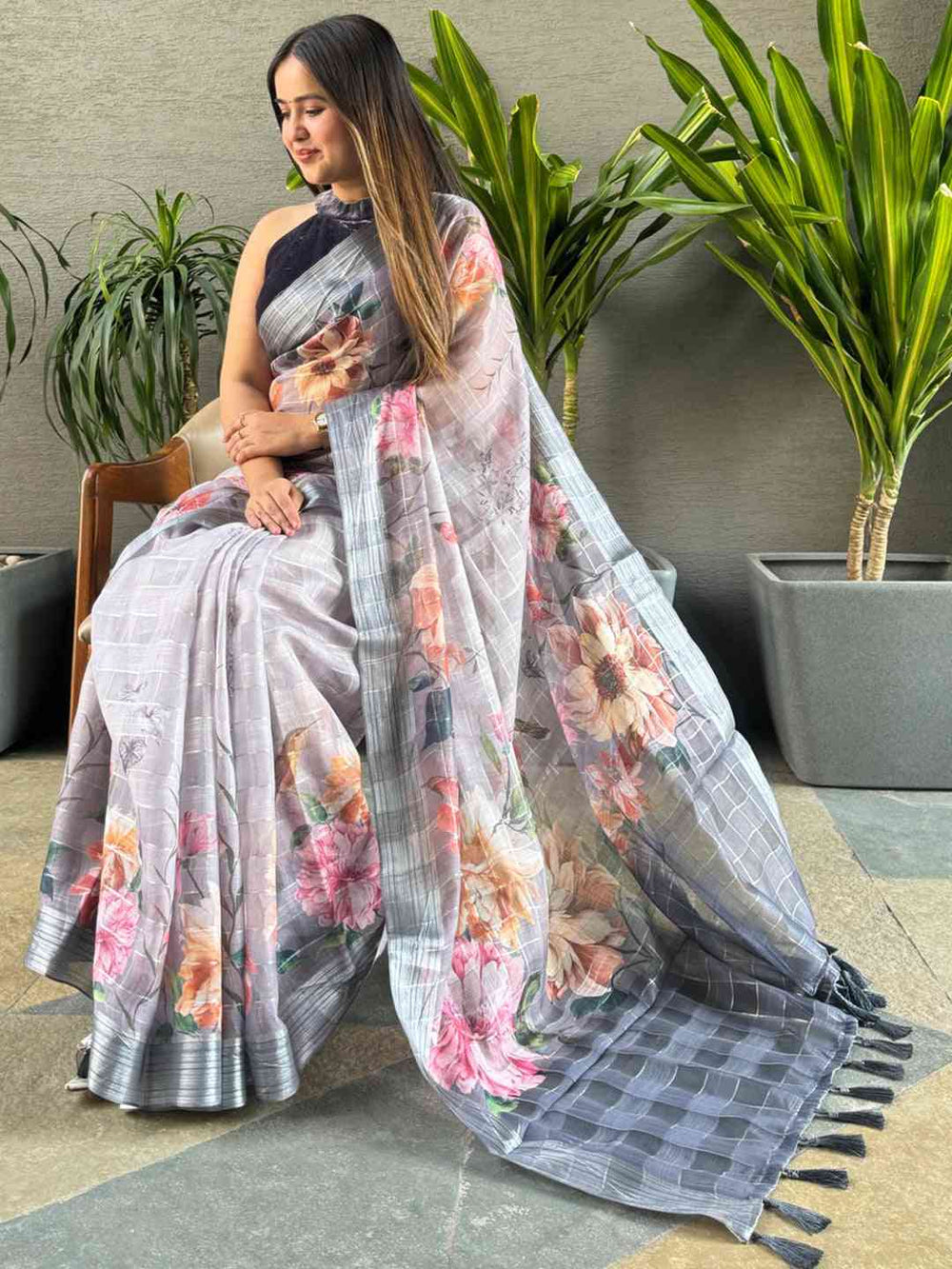 Traditional grey saree with floral print and zari chex