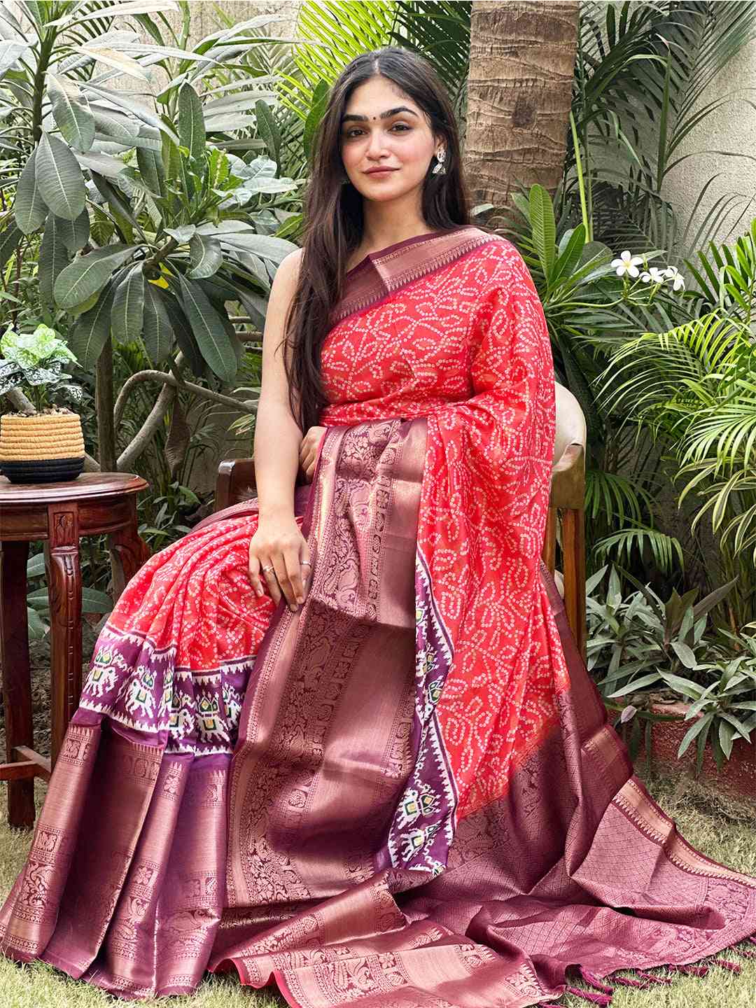 Red Soft Silk Bandhej Saree with intricate digital print