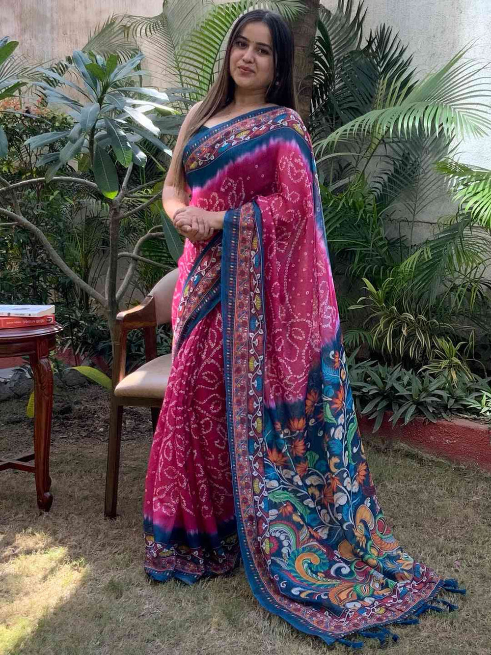Designer Linen Saree with Bandhej and Kalamkari Print