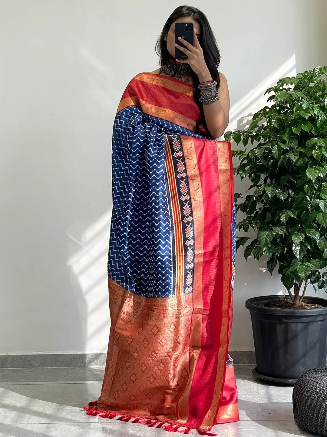 Front view of Soft Gadwal Border Pochampally Print Saree