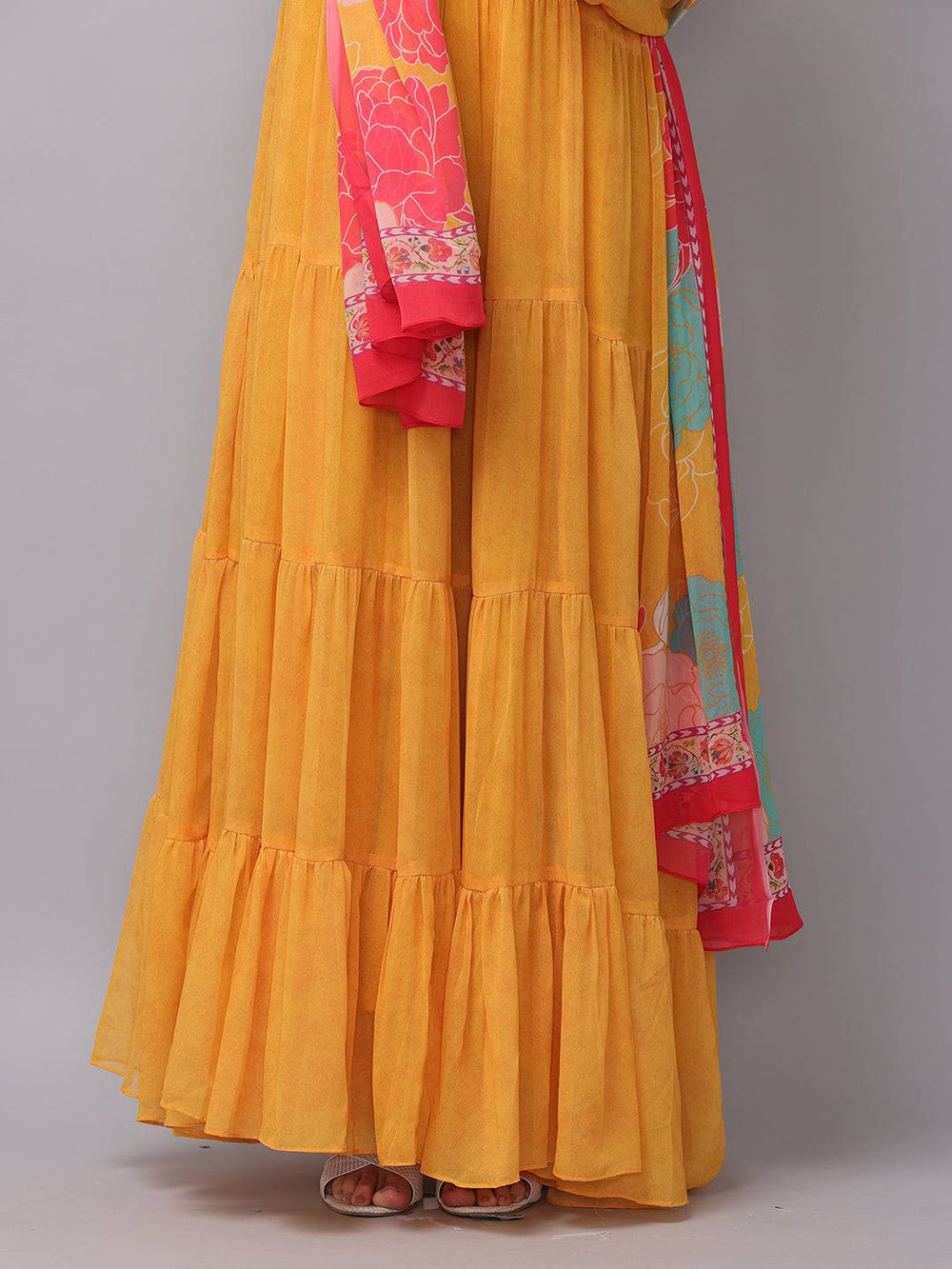 Sunlit Mustard Flared Long Dress hem detail