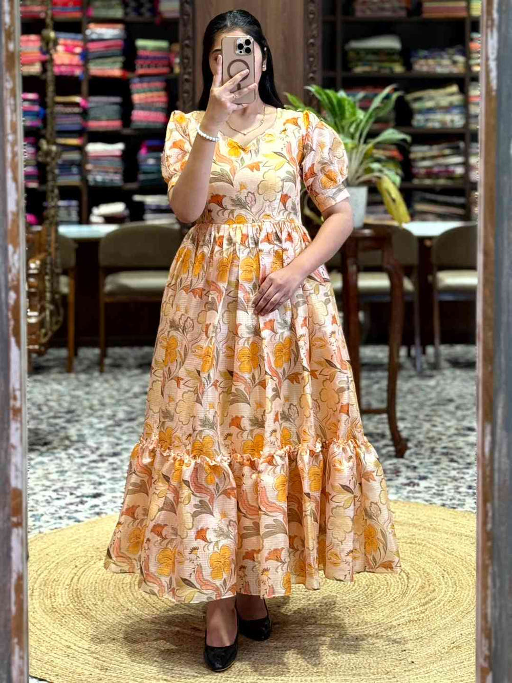 Light Yellow Floral Print Midi Dress