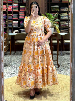 Light Yellow Floral Print Midi Dress