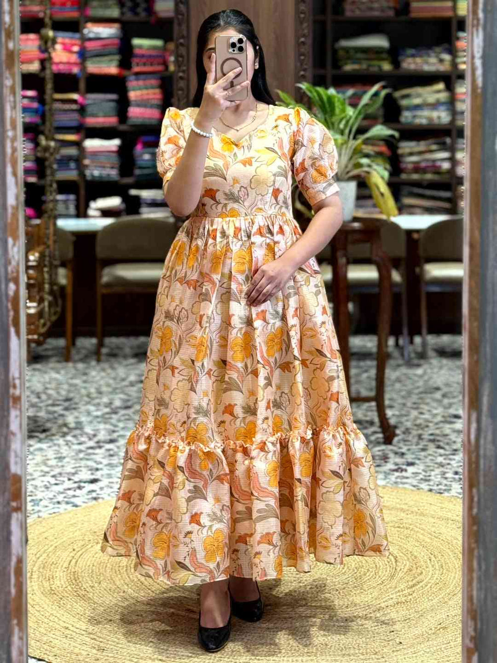 Light Yellow Floral Print Midi Dress
