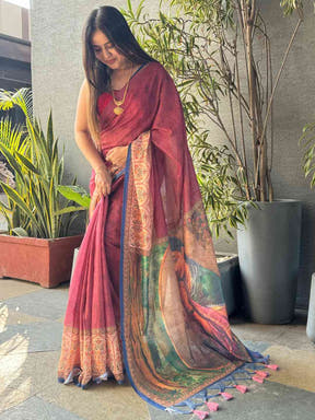 Stylish burgundy Ikkat saree with kalamkari design