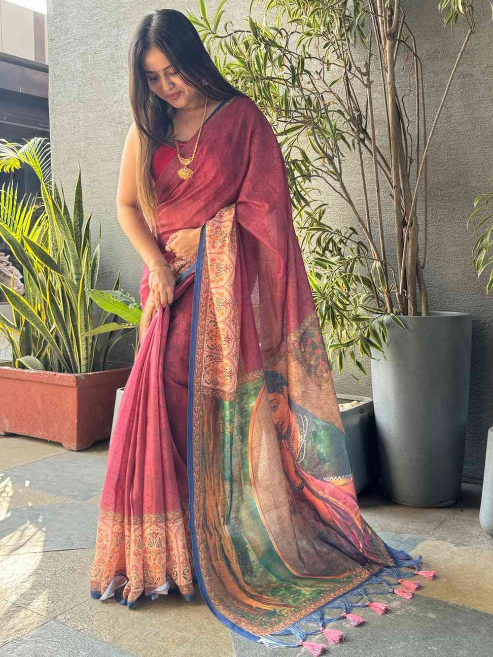 Stylish burgundy Ikkat saree with kalamkari design
