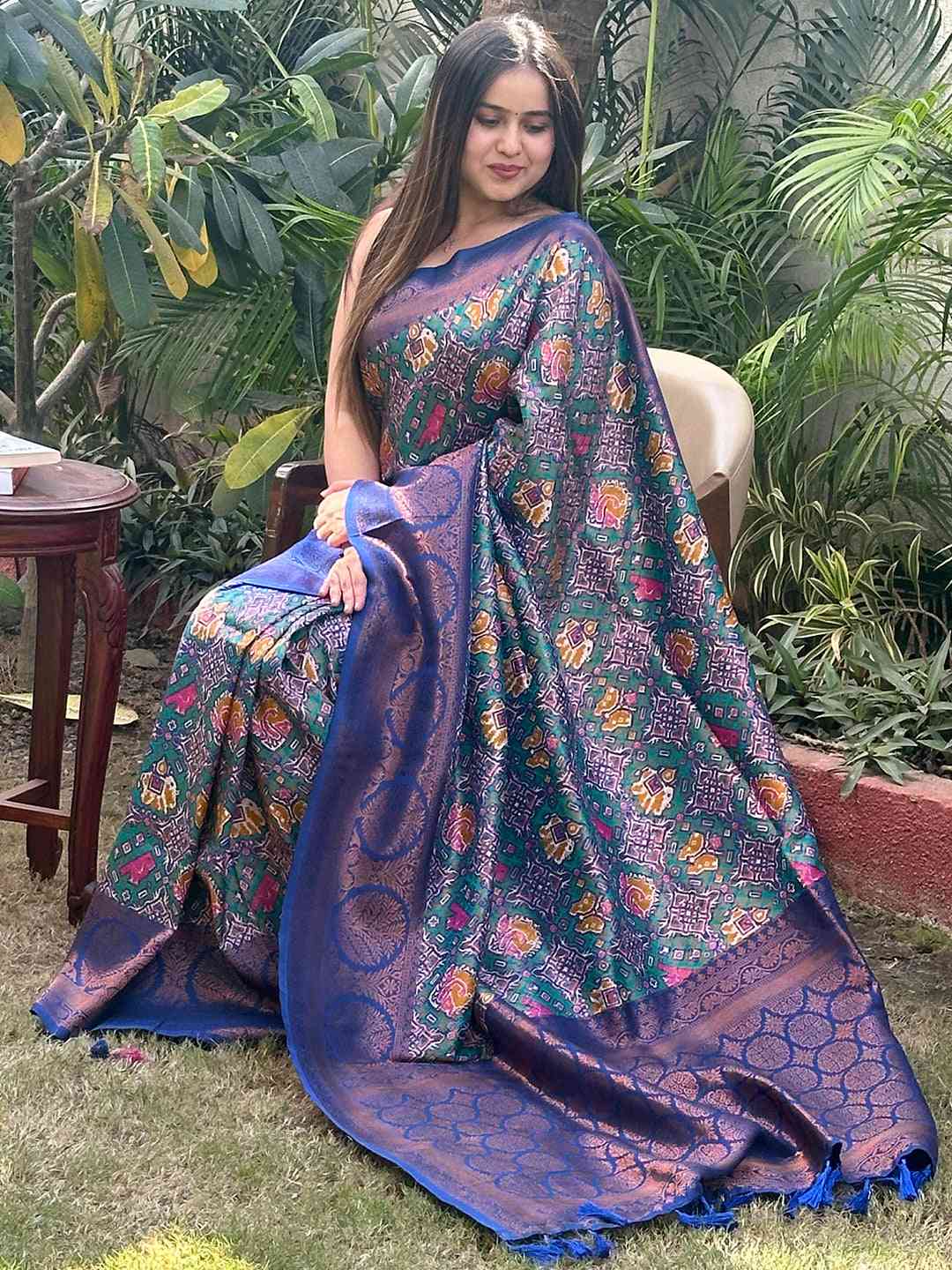 Teal Dola Silk Saree with Gold Silver Zari Work