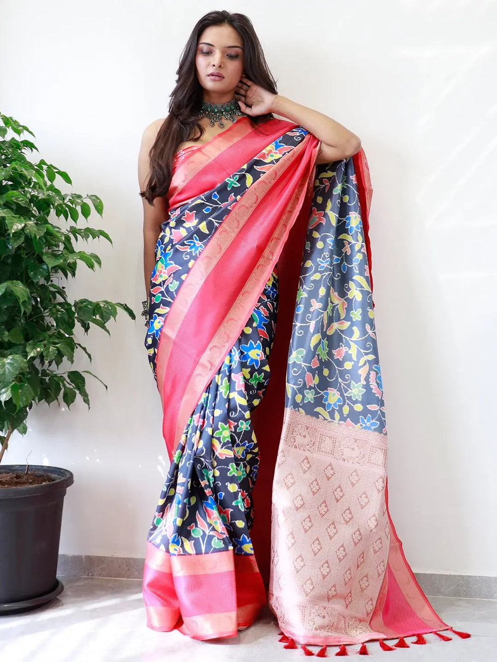 Stylish Soft Silk Saree with Pochampally print and Gadwal border