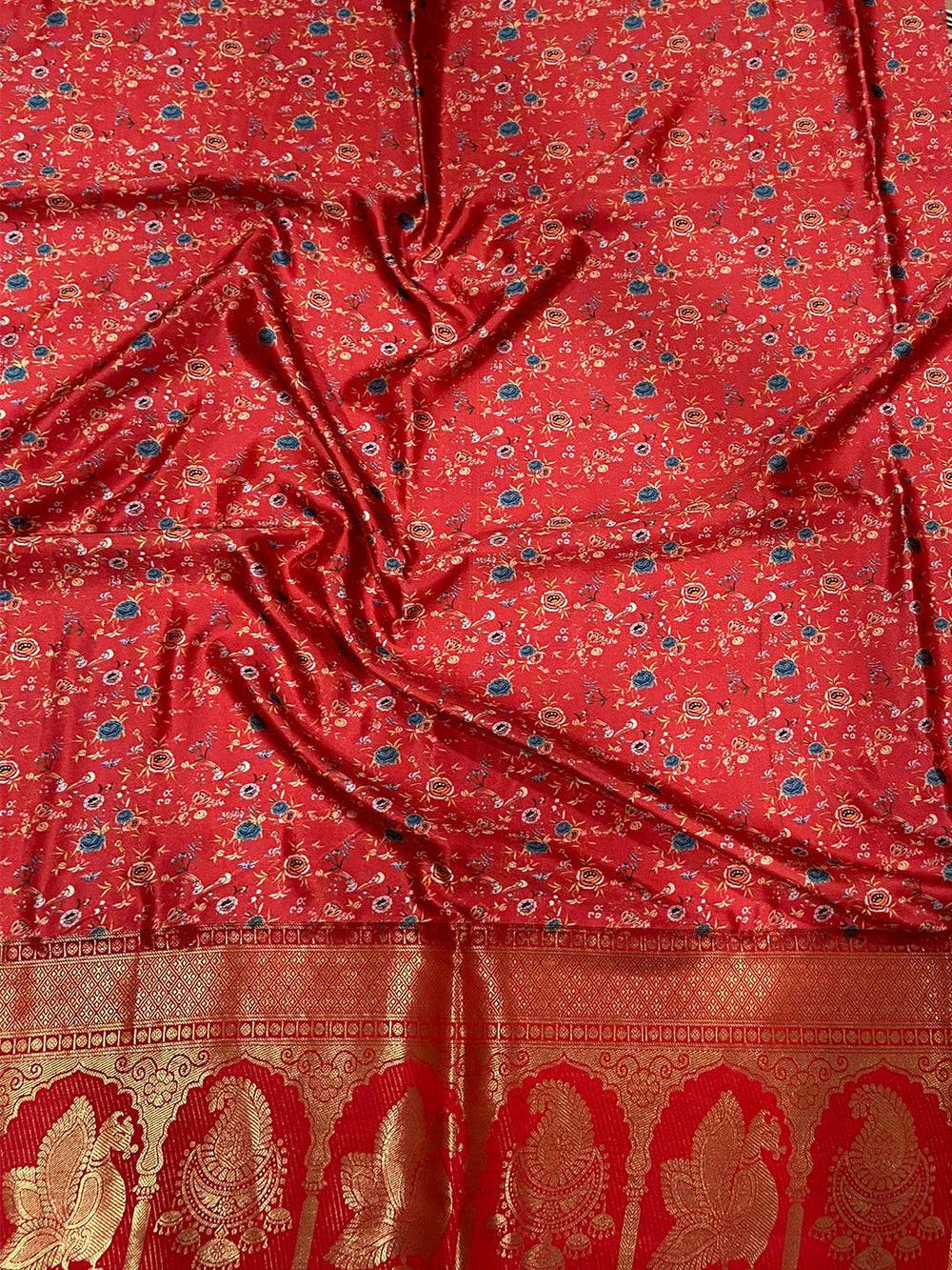 Ethereal Soft Cherry Satin Kalamkari Print Saree