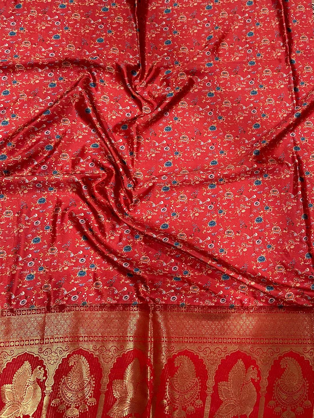 Ethereal Soft Cherry Satin Kalamkari Print Saree