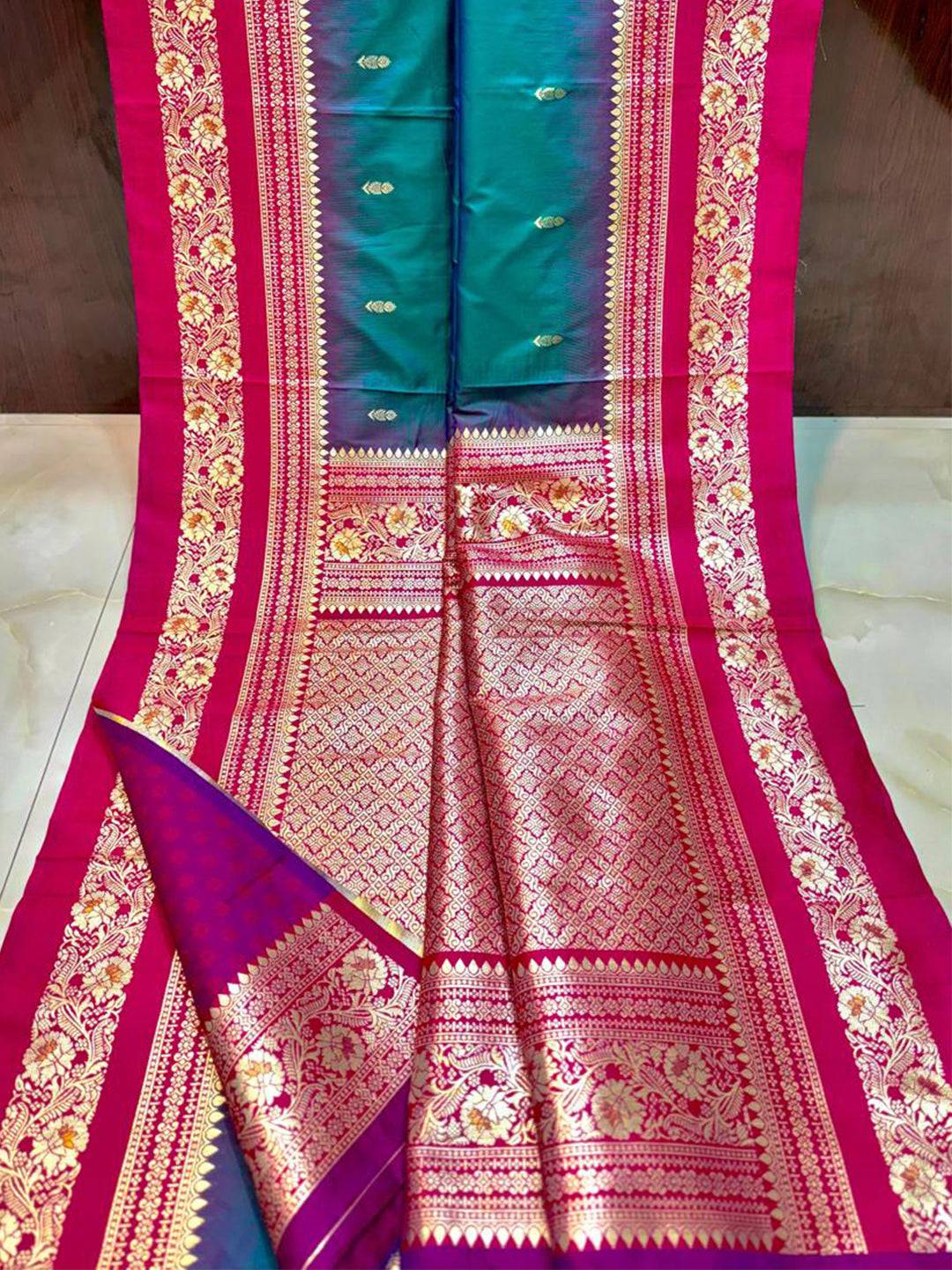 Gold Zari Woven Teal Soft Silk Saree

