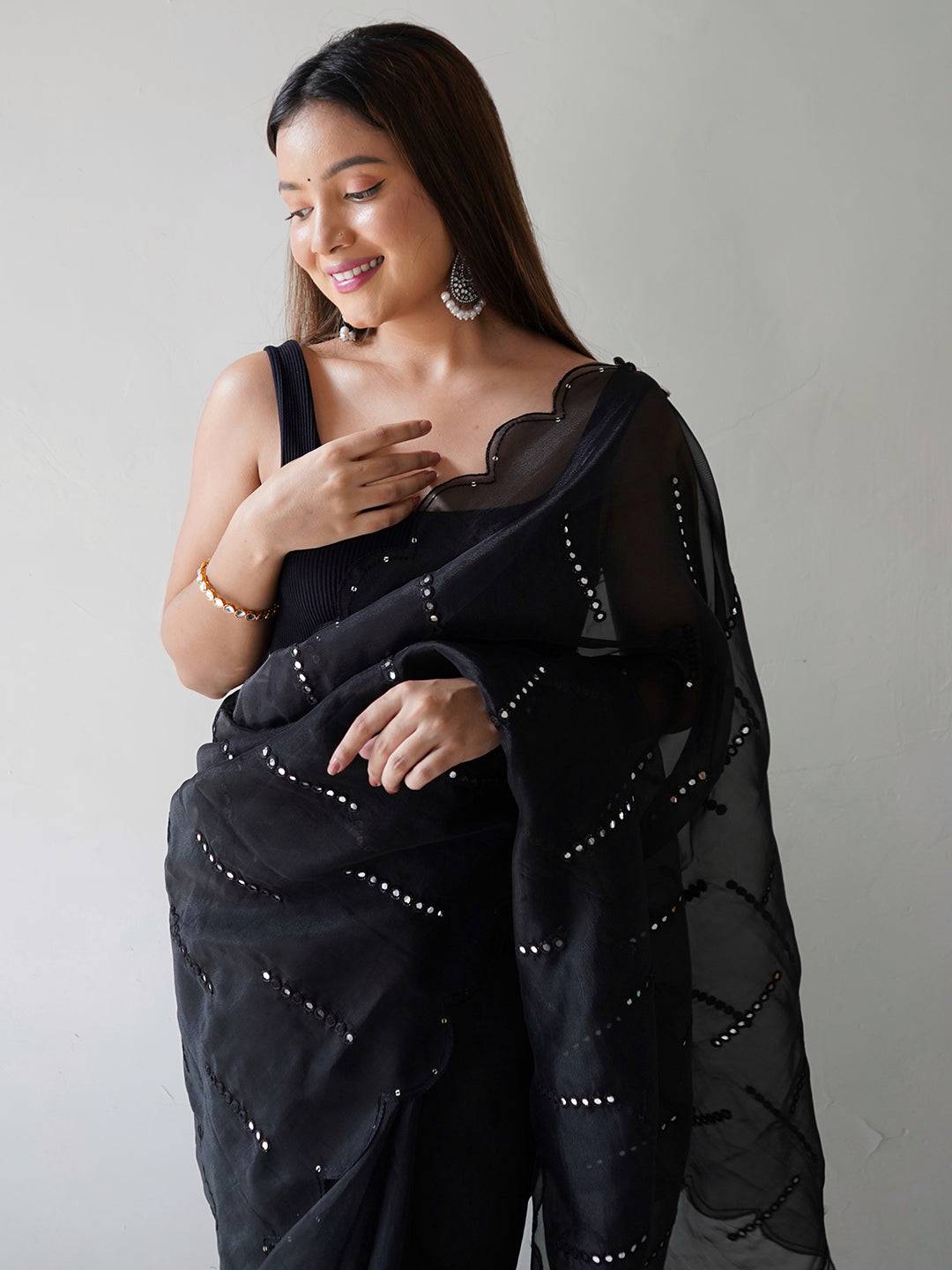 Black Organza Saree with Sequence and Cutwork Border