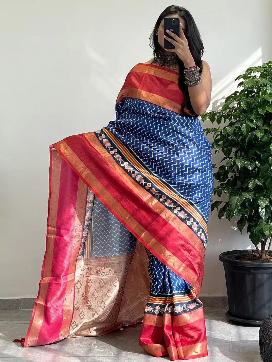 Model showcasing Soft Gadwal Border Pochampally Print Saree