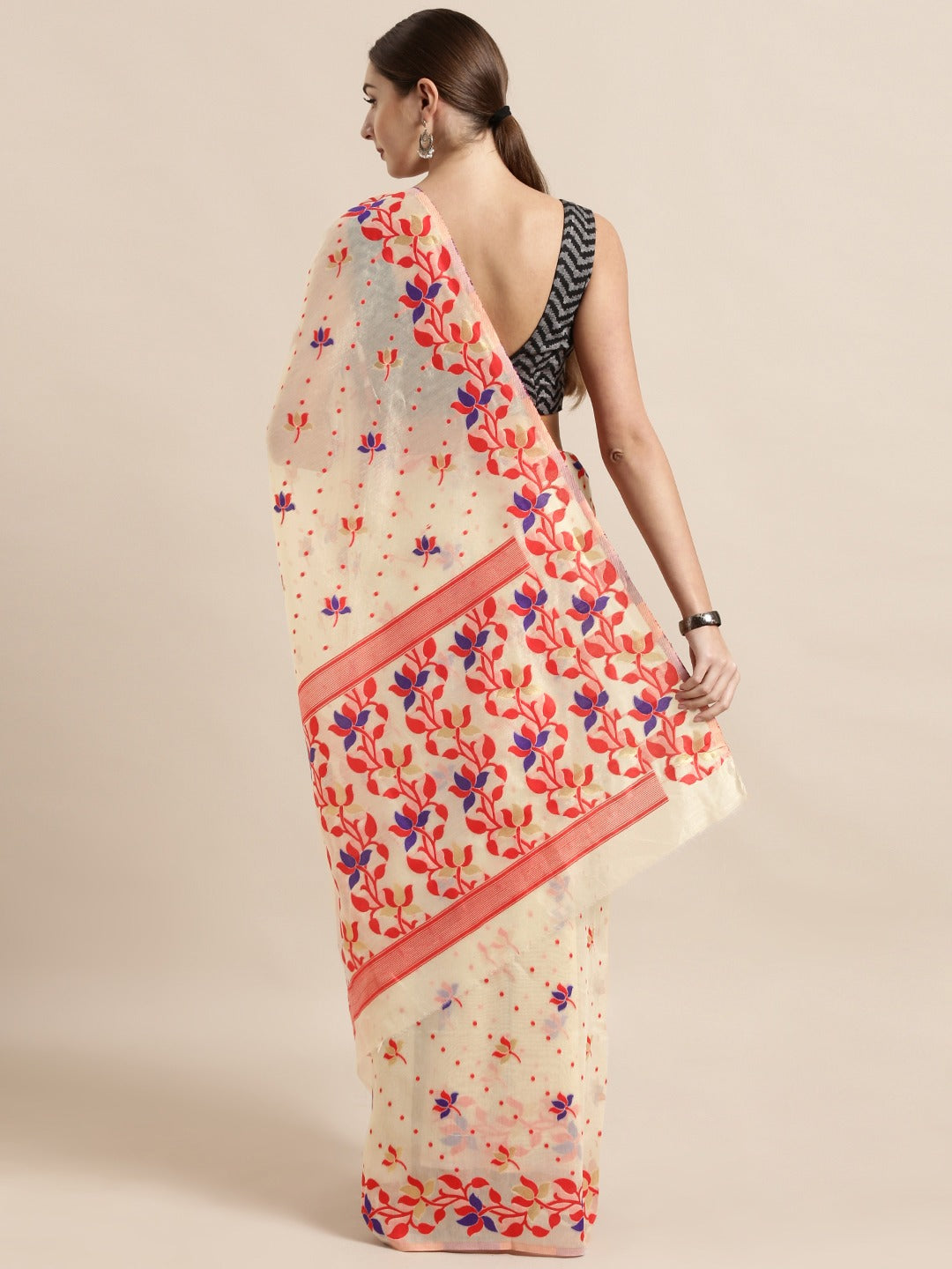 Jamdani Cream Silk Cotton Saree With Woven Design 