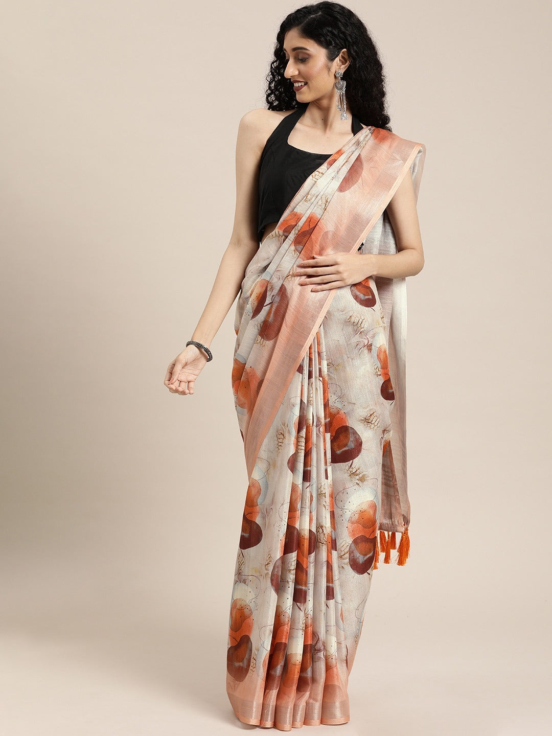 Off White Linen Abstract Print Saree
