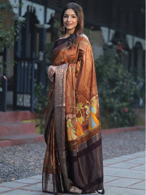  Coffee Brown Viscose Dola Silk Saree With Pichwai Print