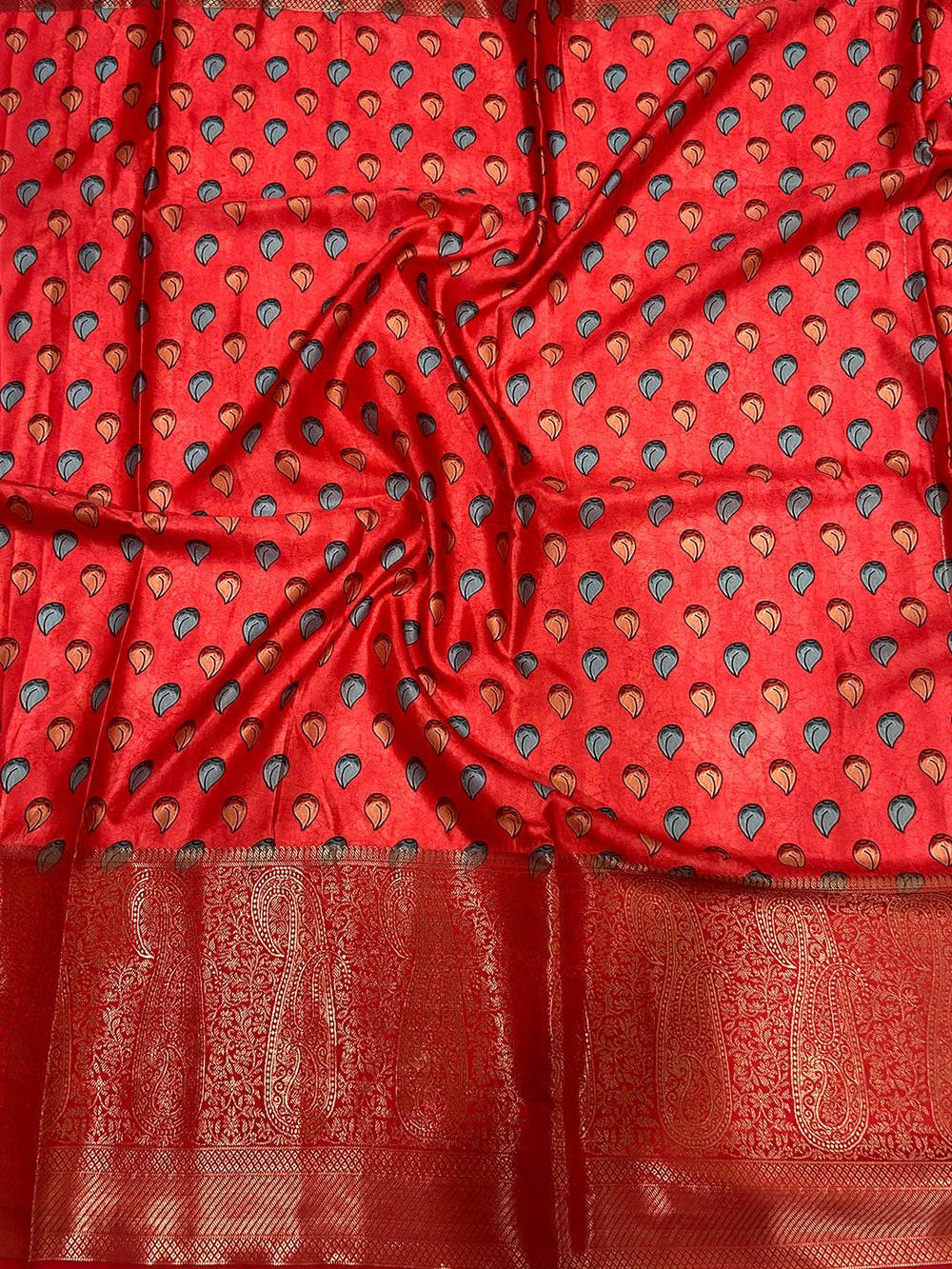Beige Cherry Satin Kalamkari Saree