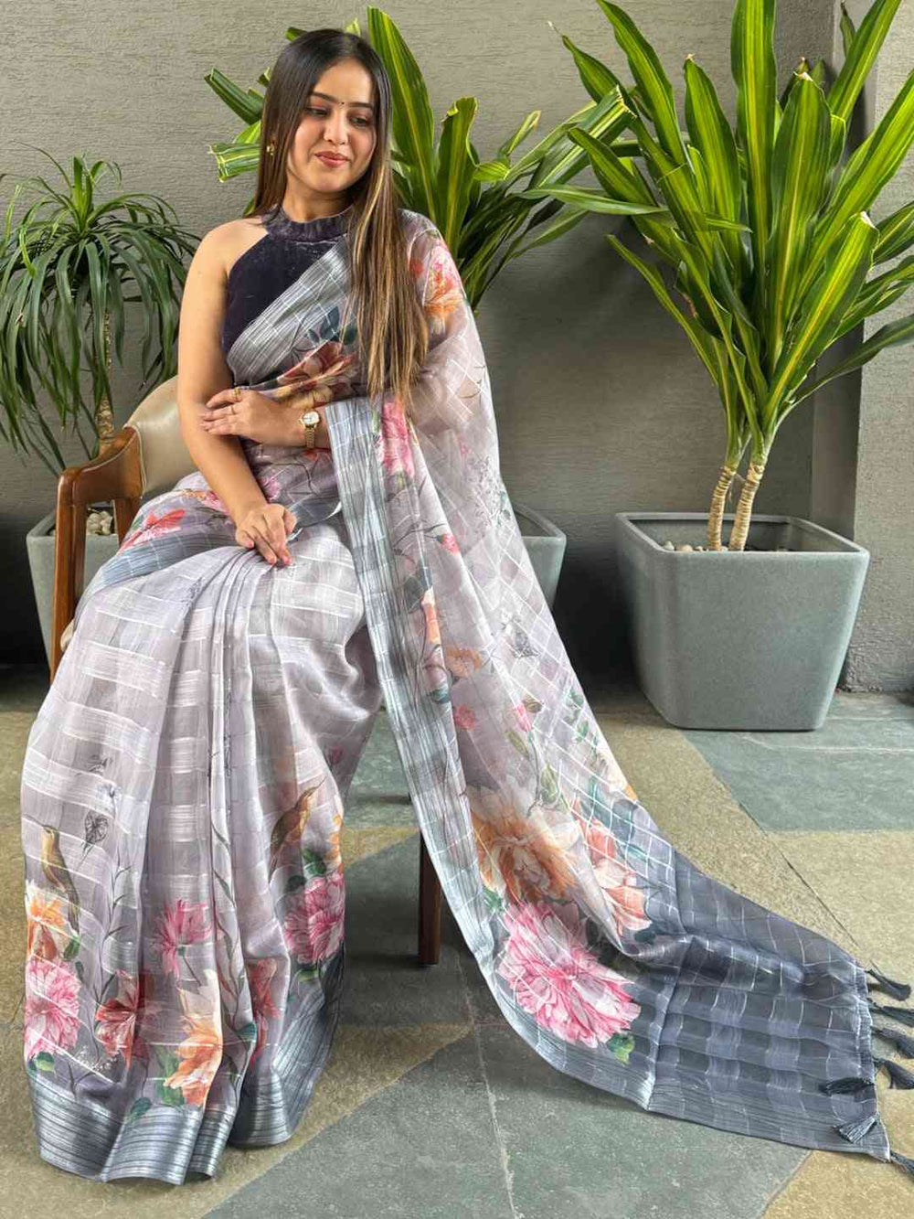 Grey floral print saree with traditional zari chex design