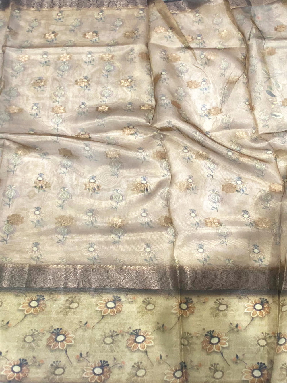 Light Pista Floral Satin Bentex Border Saree