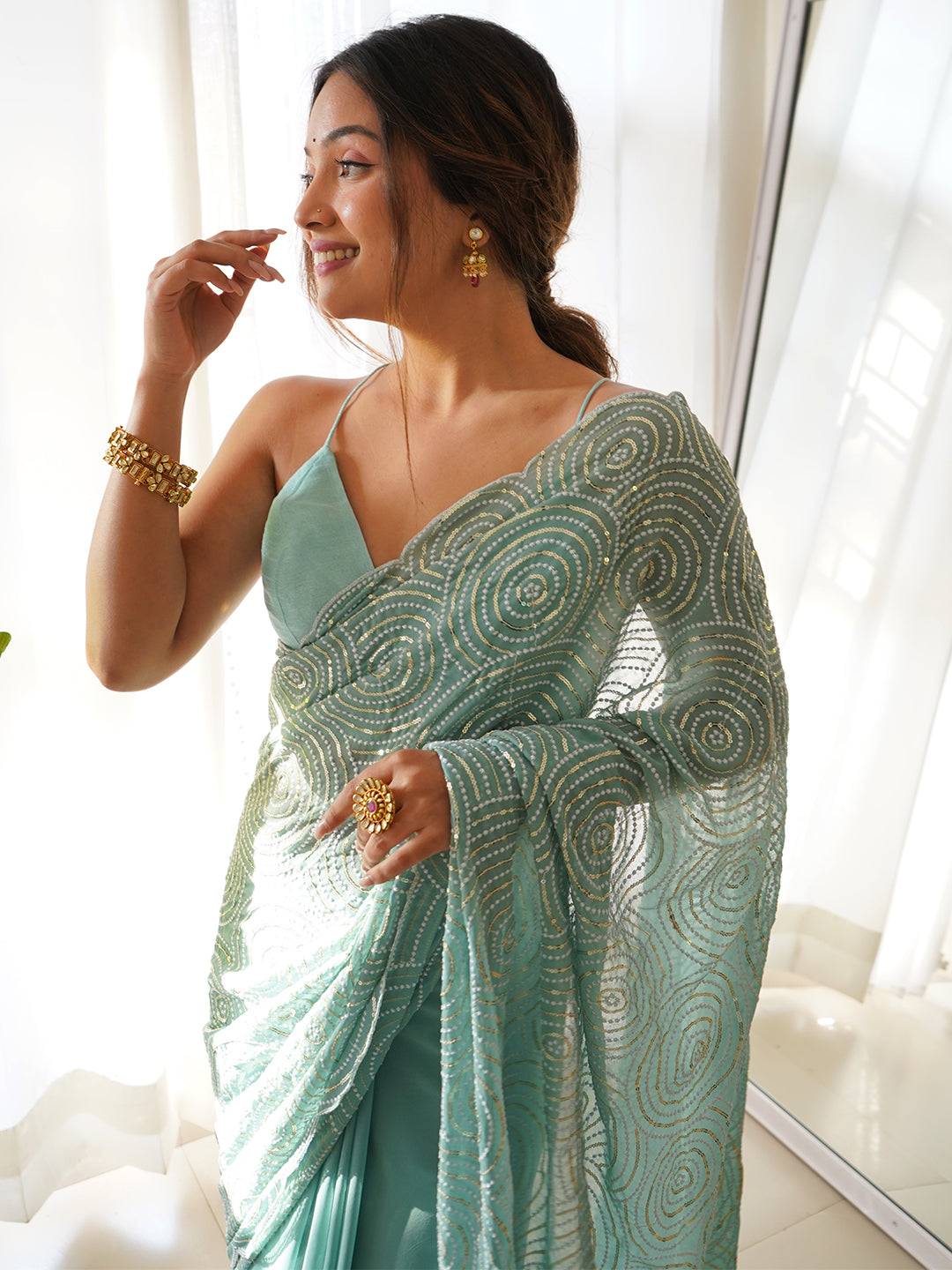 Georgette Saree with Embroidery Sequence & Cut Work Border 