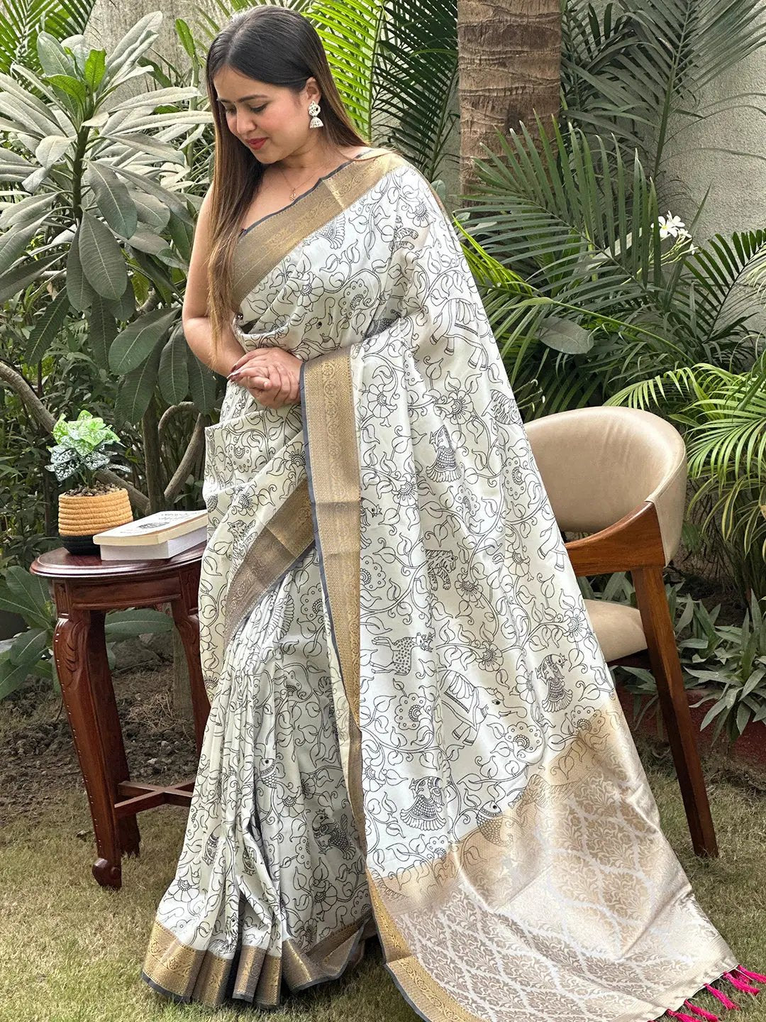 Stylish Kalamkari saree featuring detailed block prints