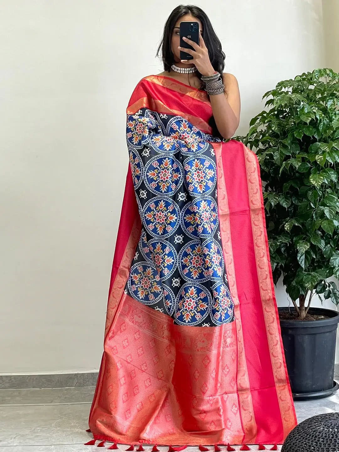 Traditional soft silk saree with vibrant Pochampally print