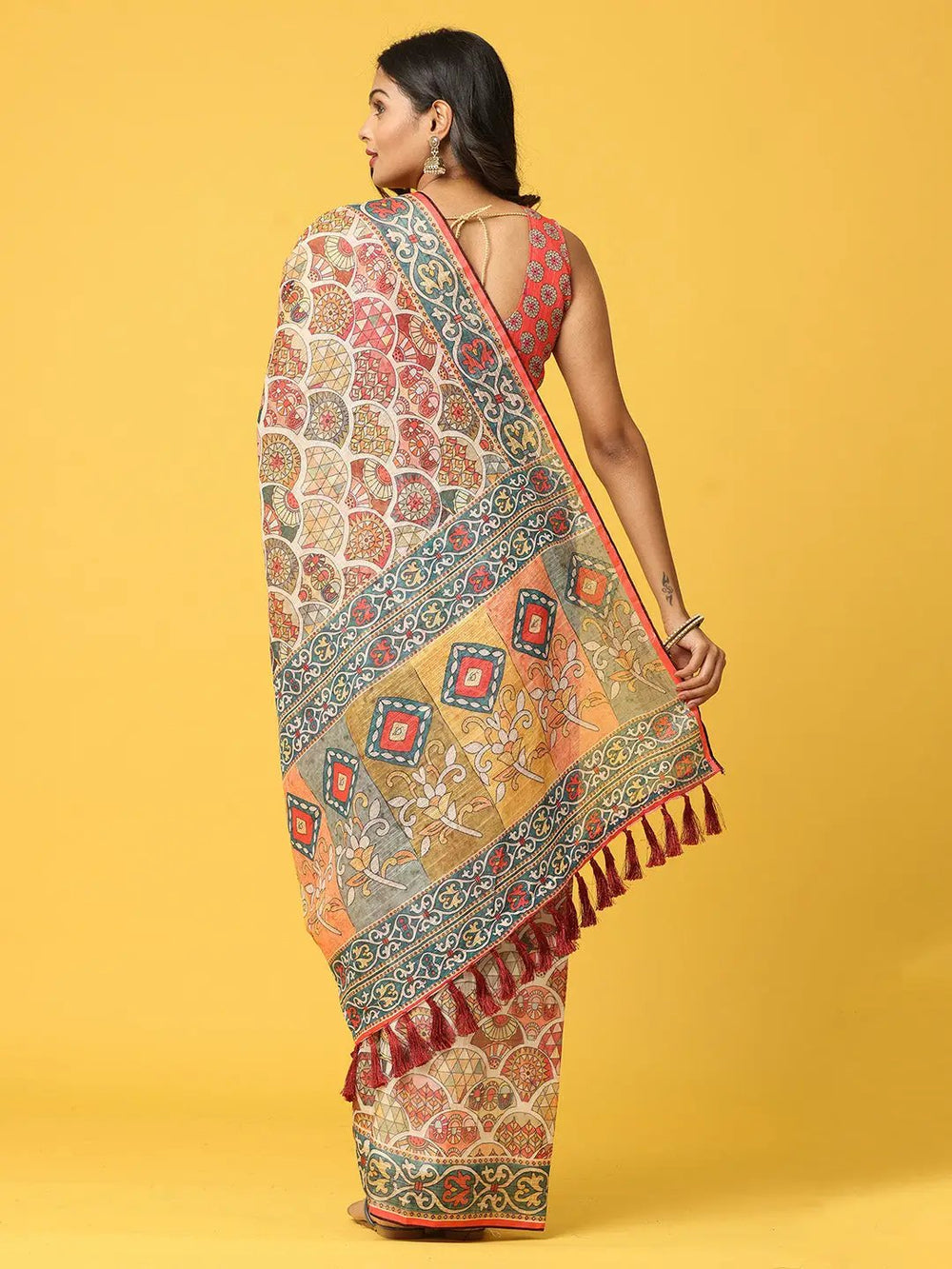 Soft Linen Kalamkari Block Print  With Sequin Border 