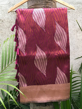 Cherry Tussar Silk Zari Weaving Ikkat Saree

