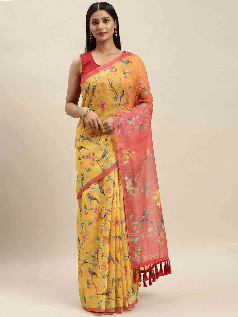 Beautiful Mustard Colour Soft Linen Digital Print Saree