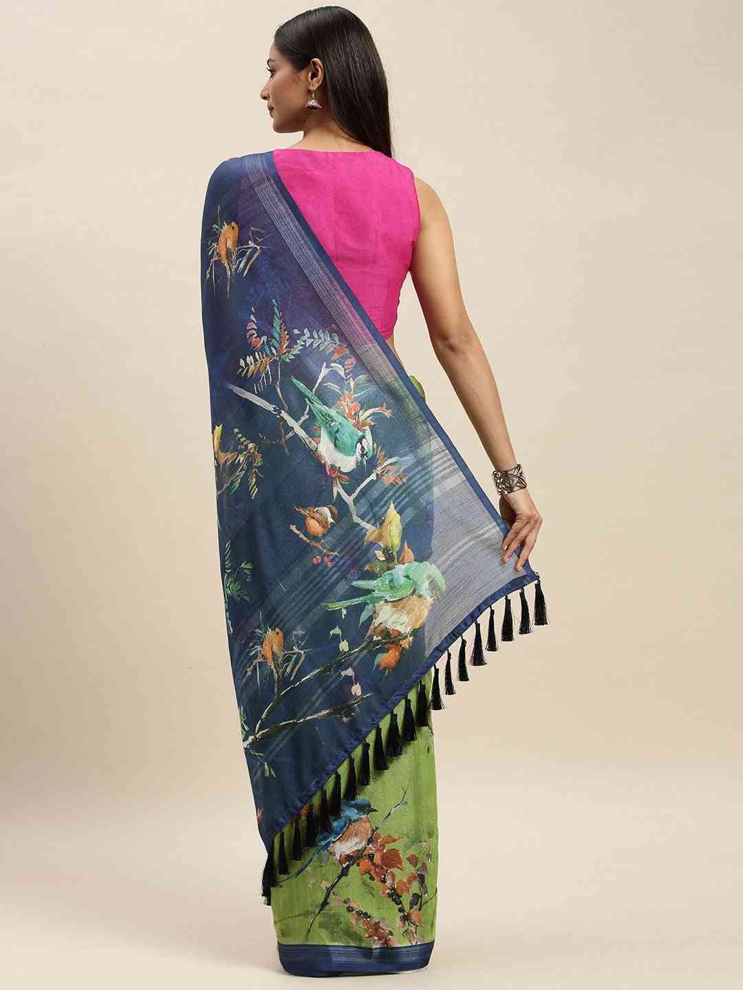 Beautiful Pista Colour Soft Linen Digital Print Saree