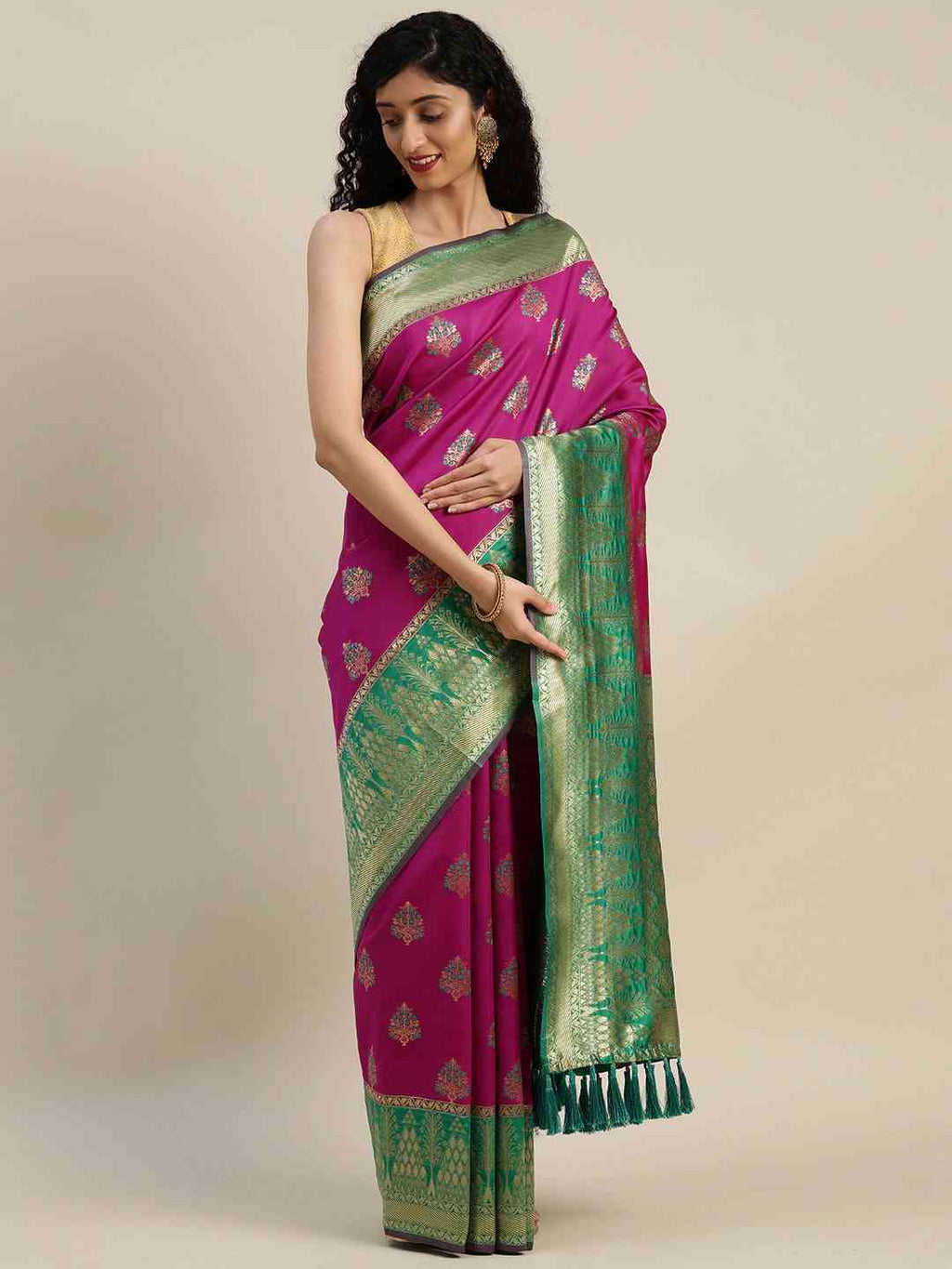 Buy Banarasi Silk Rani Colour Woven Design Print Saree