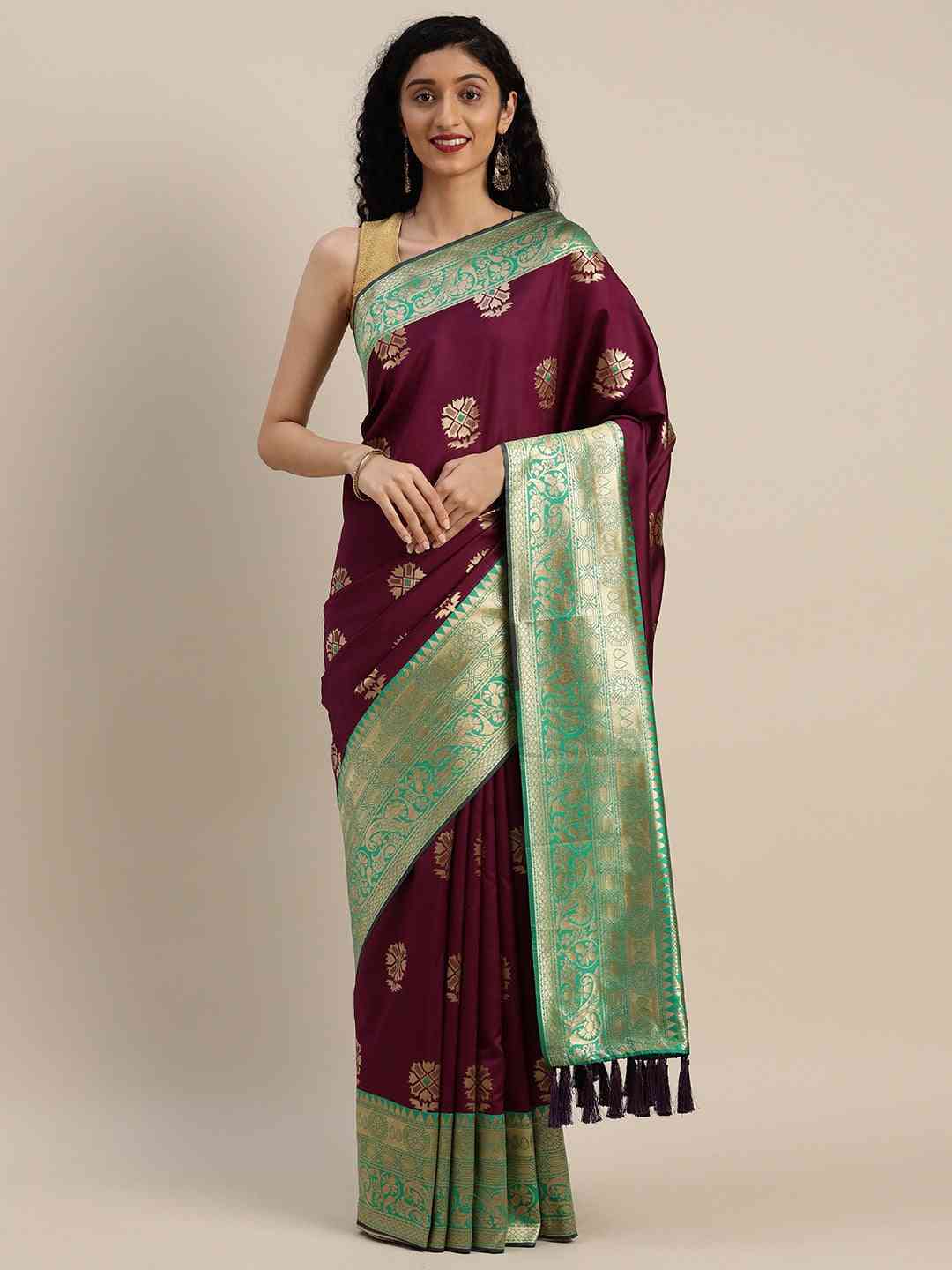  Banarasi Silk Burgundy Saree with Ethnic Motifs