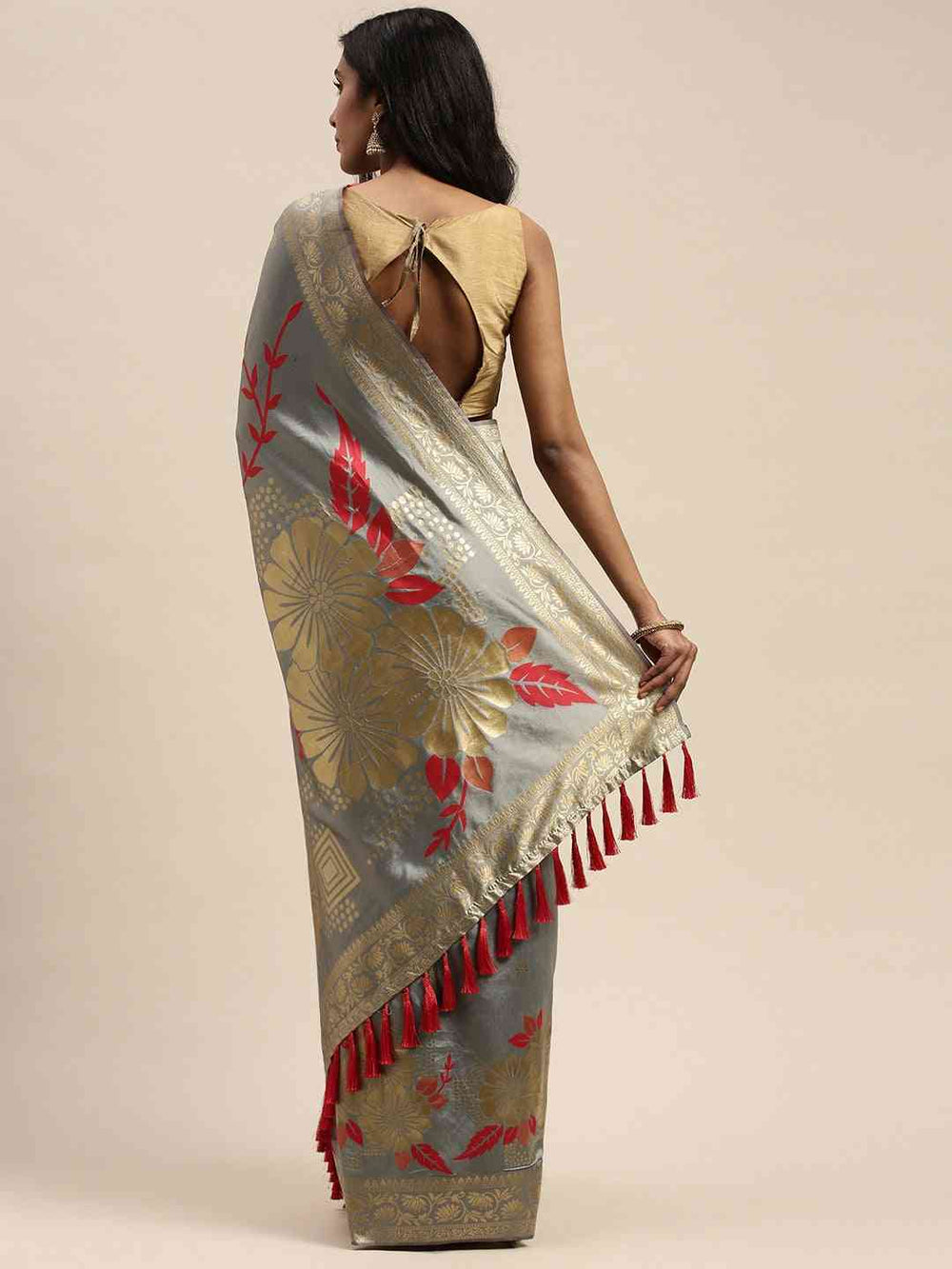  Banarasi Silk Grey Colour Print Saree