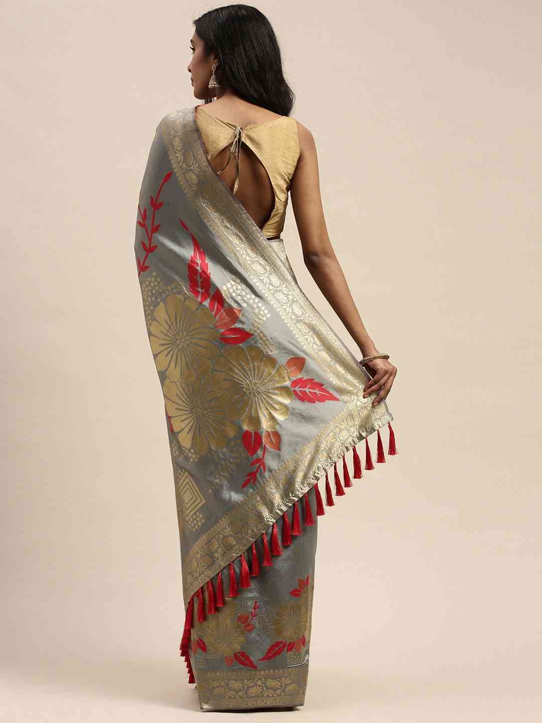  Banarasi Silk Grey Colour Print Saree