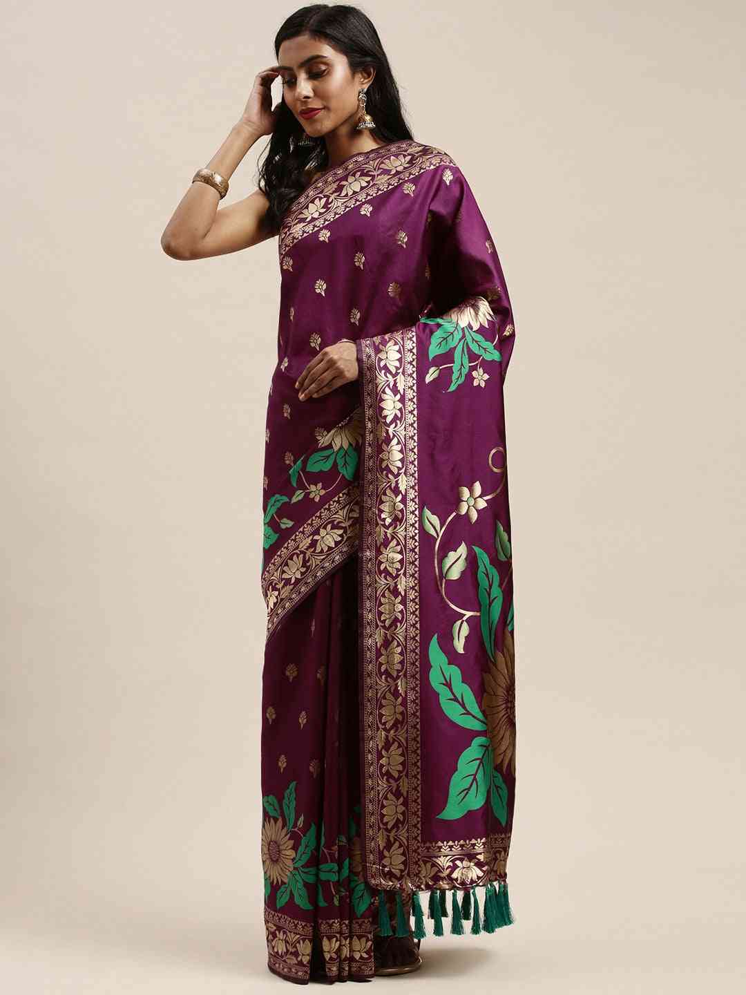 Banarasi Silk Burgundy Colour Ethnic Motifs Saree