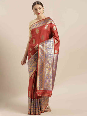  Banarasi Silk Red Saree with Woven Design