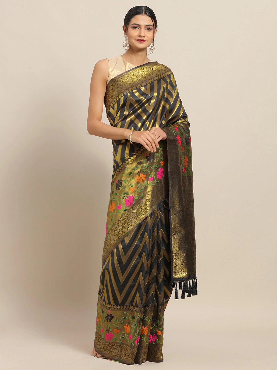  Banarasi Black Geometric Design Silk Cotton Saree