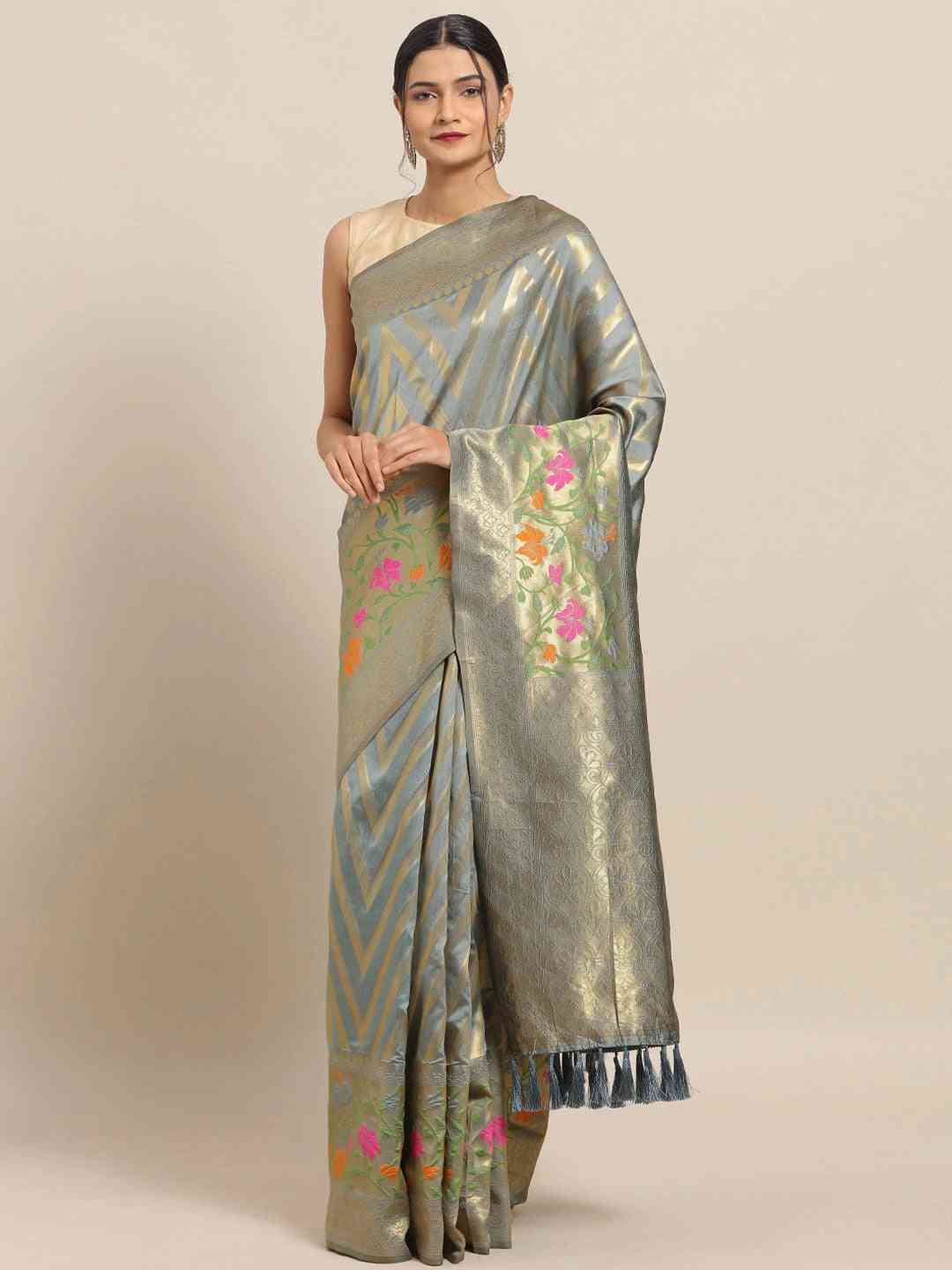 Banarasi Grey Colour Geometric Design Silk Cotton Saree